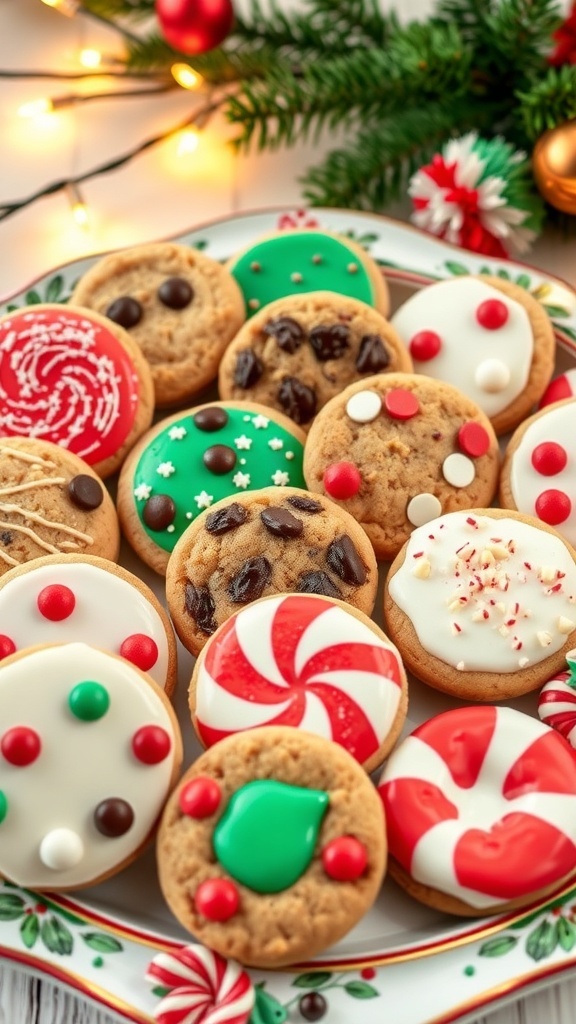 12 Days of Christmas Cookies Recipe A variety of Christmas cookies on a platter, including sugar cookies, chocolate chip cookies, and peppermint cookies, surrounded by holiday decorations.